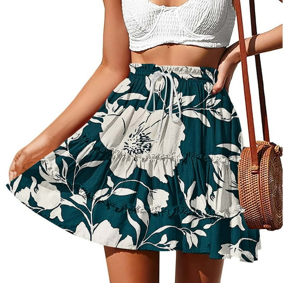 Mqqzkk Women's Summer Skirts Boho Floral Print Mini Skirt High Waist Drawstring Tiered Skirts Fashion Beach Vacation Skirts
