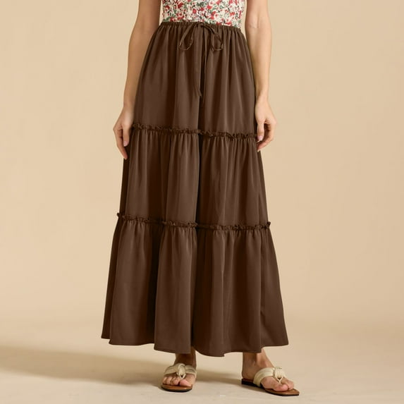 Mqqzkk Women's Summer Skirts Casual Fashion Solid Color Fold Drawstring High Elastic Waist Smock Layered Tiered Maxi Skirt