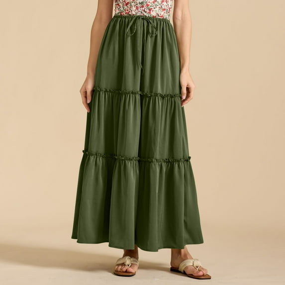 Mqqzkk Women's Summer Skirts Casual Fashion Solid Color Fold Drawstring High Elastic Waist Smock Layered Tiered Maxi Skirt