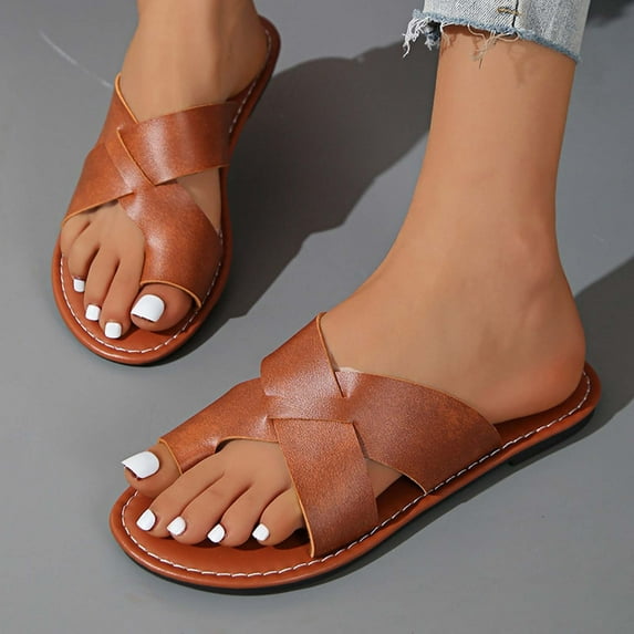 Mqqzkk Women's Summer Slide Flat Sandals - Comfortable Slip On Round Toe Thong Crossed Strappy Spring Summer Shoes