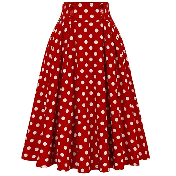 Mqqzkk Women's Vintage Skirts Polka Dots Printed A Line Skirts High Waist Button Flare Flowy Casual Midi Skirts