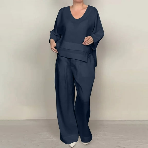 Mqqzkk Womens 2 Piece Sets Plus Size Summer Outfits Loungewear Set Long Sleeve V Neck Top Pants Outfits Set