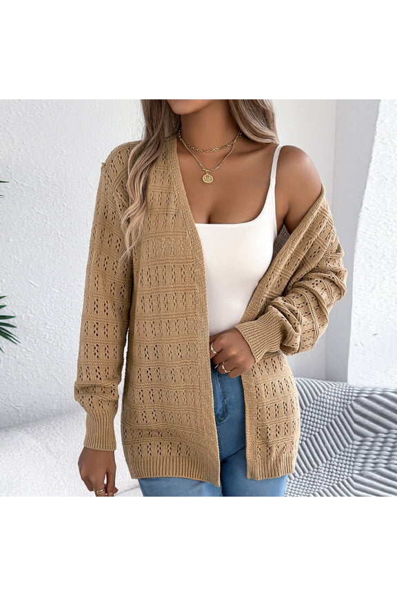 Womens Breathable Crochet Cardigan Sweater Solid Color Spring Fall Long Sleeve Open Front Outwear