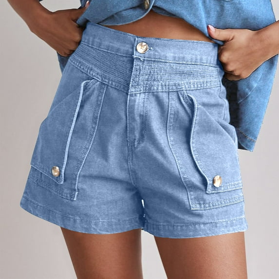 Mqqzkk Womens Cargo Denim Shorts - Summer Casual Vintage Loose Button Up Shorts With Pockets