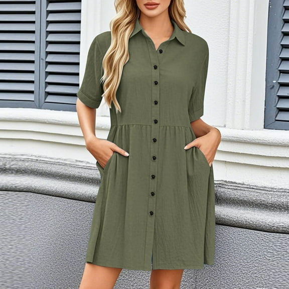 Mqqzkk Womens Casual Dress Short Sleeve Laple Collar Loose Fits Summer Button Up Dresses Solid Color A Line Sundress