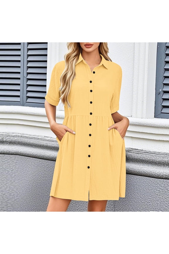 Womens Casual Dress Short Sleeve Laple Collar Loose Fits Summer Button Up Dresses Solid Color A Line Sundress