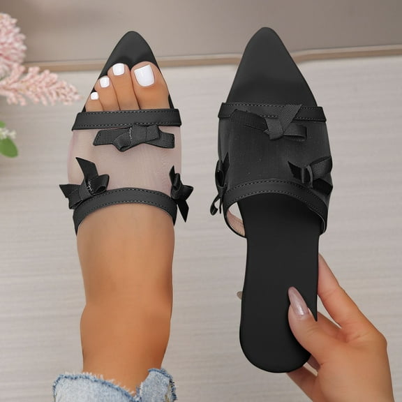 Mqqzkk Womens Elegant Slipper Yarn Bowknot Strap Shoes Comfortable Dress Flats Lightweight Breathable Flat Shoes