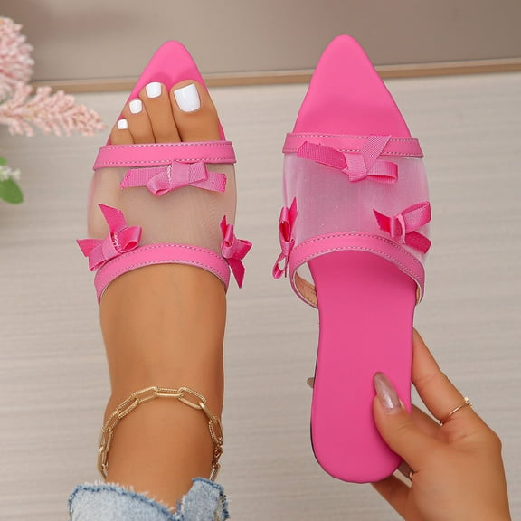 Mqqzkk Womens Elegant Slipper Yarn Bowknot Strap Shoes Comfortable Dress Flats Lightweight Breathable Flat Shoes