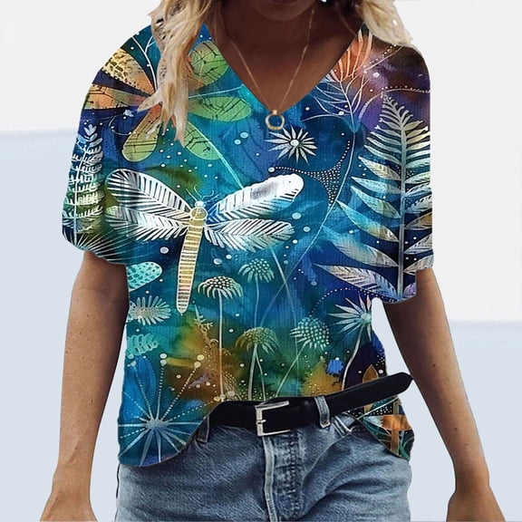 Mqqzkk Womens Flower Printed Top Summer Casual V Neck T Shirts Fashion Ruffle Sleeve Summer Beach Blouses Shirts