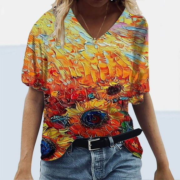 Mqqzkk Womens Flower Printed Top Summer Casual V Neck T Shirts Fashion Ruffle Sleeve Summer Beach Blouses Shirts