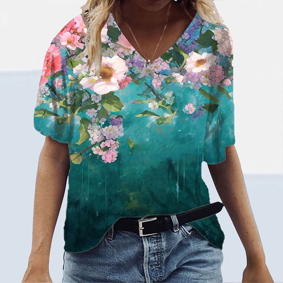 Mqqzkk Womens Flower Printed Top Summer Casual V Neck T Shirts Fashion Ruffle Sleeve Summer Beach Blouses Shirts