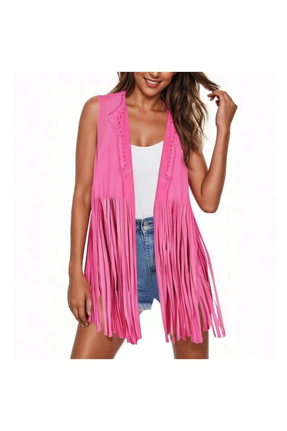 Womens Fringe Vests Cardigan Costume Sleeveless Western Tassel Open Front Jackets Outerwear