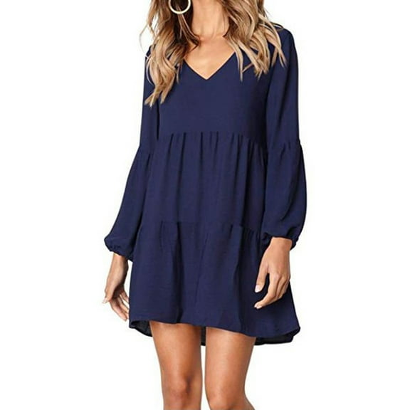 Mqqzkk Womens Midi Dresses Long Sleeve V Neck Casual Loose Fits Pleated Tunic Dress Casual Flowy Mini Dresses L