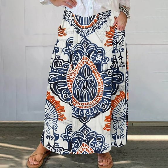 Mqqzkk Womens Plus Size Skirt Flower Graphic Print Midi Skirts Long Pleated High Waisted A Line Skirts With Side Pockets