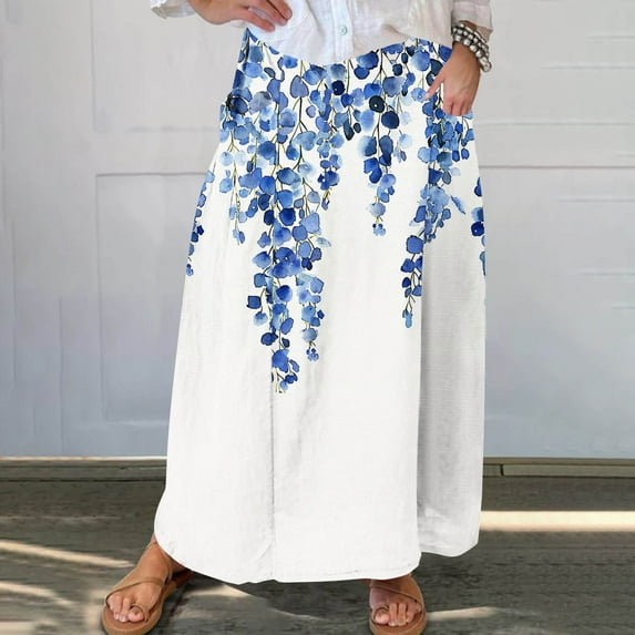 Mqqzkk Womens Plus Size Skirt Flower Graphic Print Midi Skirts Long Pleated High Waisted A Line Skirts With Side Pockets