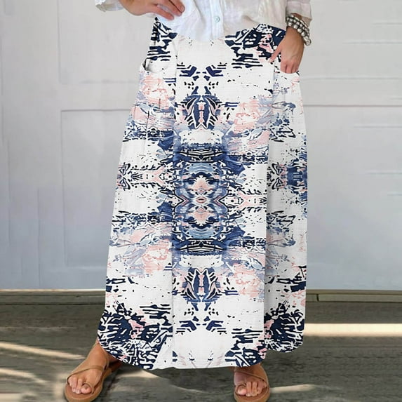 Mqqzkk Womens Plus Size Skirt Flower Graphic Print Midi Skirts Long Pleated High Waisted A Line Skirts With Side Pockets