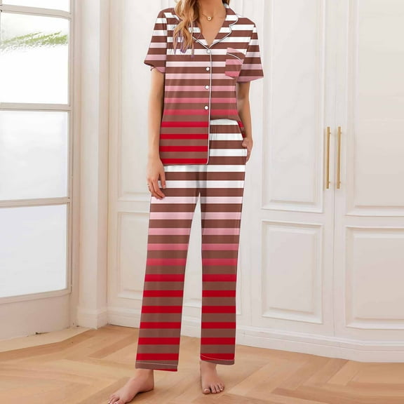 Mqqzkk Womens Satin Pajamas Set Strip Pjs 2 Piece Casual Short Sleeve Button Up Sleepwear With Pocket Long Pants Nightwear S