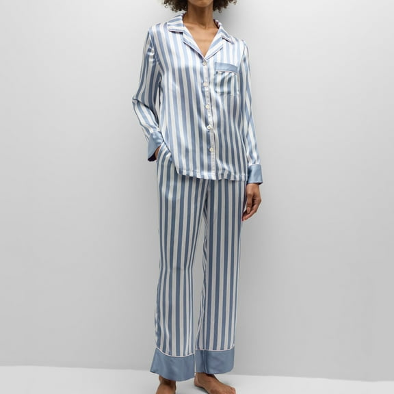 Mqqzkk Womens Striped Pajamas Set Button -Down 2 Piece Pjs Long Sleeve Pants Sleepwear Home Dress Pajama Set M