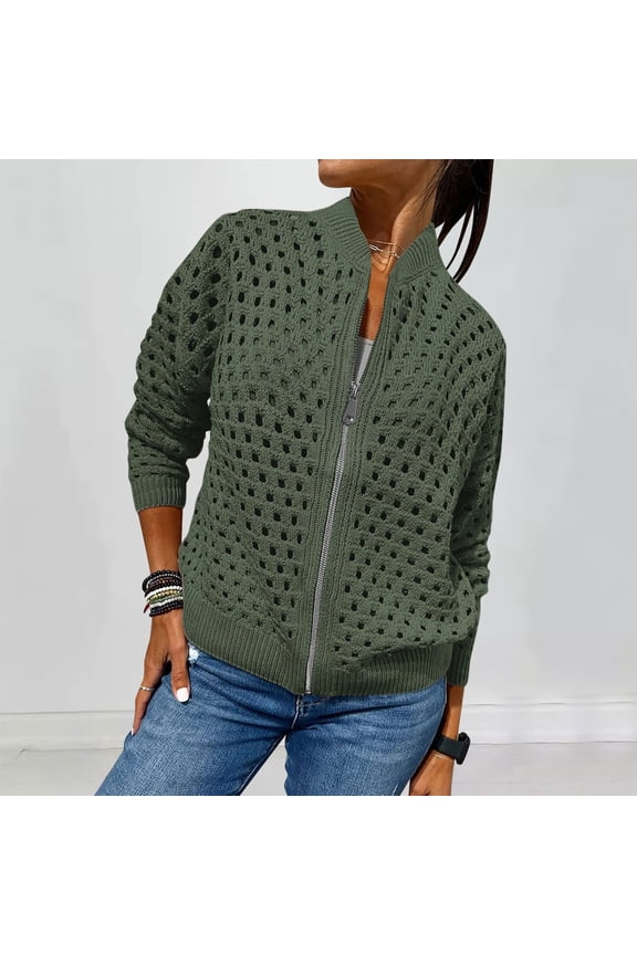 Womens Summer Crochet Cardigan Full Zipper Sweaters Lightweight Long Sleeve Open Front Hollow Out Knit Cover Ups Jackets