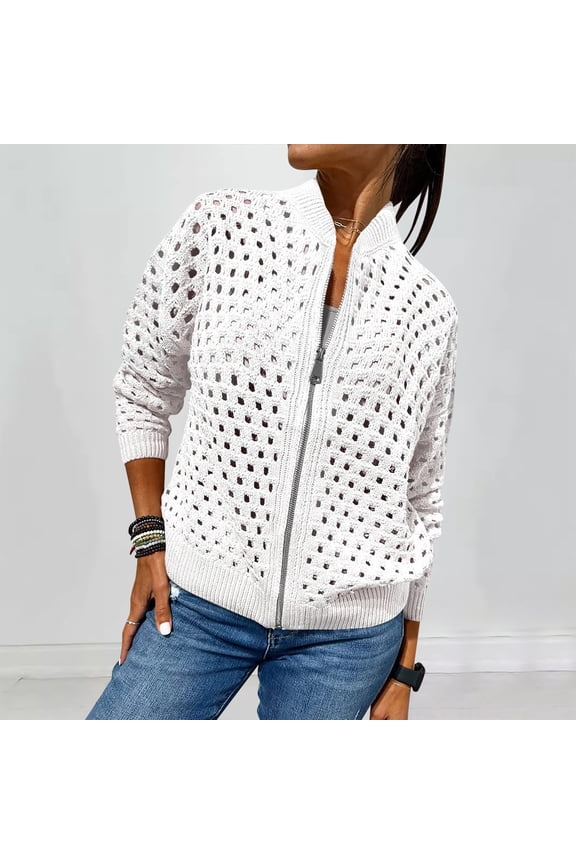 Womens Summer Crochet Cardigan Full Zipper Sweaters Lightweight Long Sleeve Open Front Hollow Out Knit Cover Ups Jackets