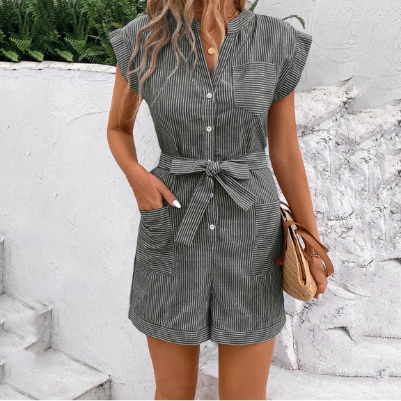 Mqqzkk Womens Summer Romper V Neck Button Up Rompers Striped Cap Sleeve Jumpsuits Vacation Outfits With Multi Pockets