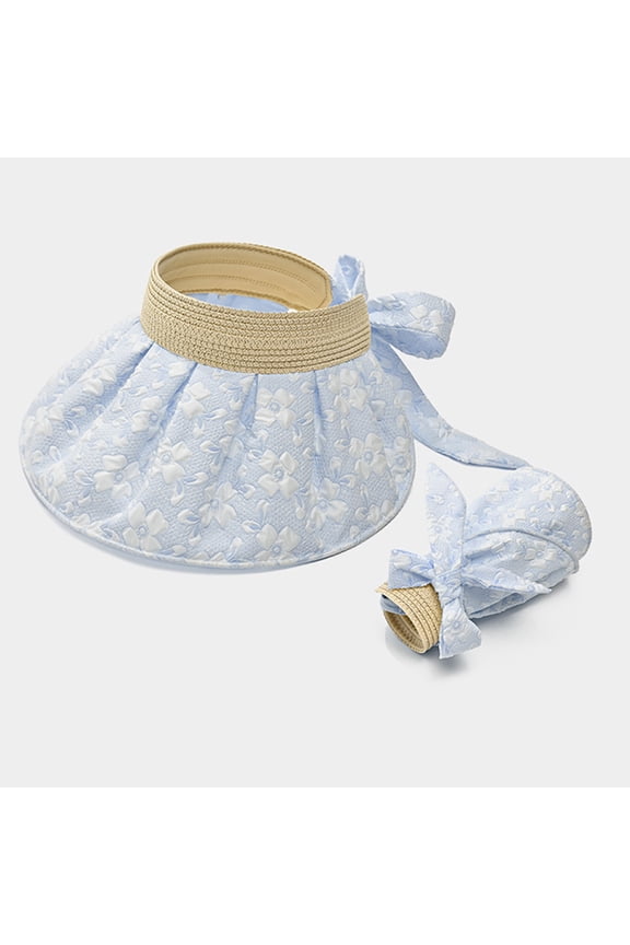 Womens Sun Visors Hats Flower Printed Straw Hats Summer Beach Foldable Roll Up Ponytail Hat