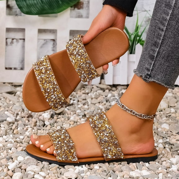 Mqqzkk Womens Two Strap Slipper Casual Comfortable Slide Sandals Summer Casual Daily Soft Faux Leather Flat Sequins Slippers