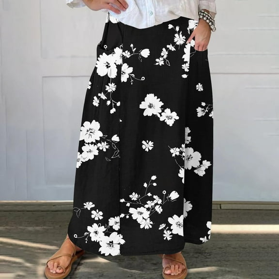 Mqqzkk Womens Vintage Skirt Flower Print Midi Long Pleated Skirts High Waisted A Line Skirts Summer Oversize Flowy Skirts