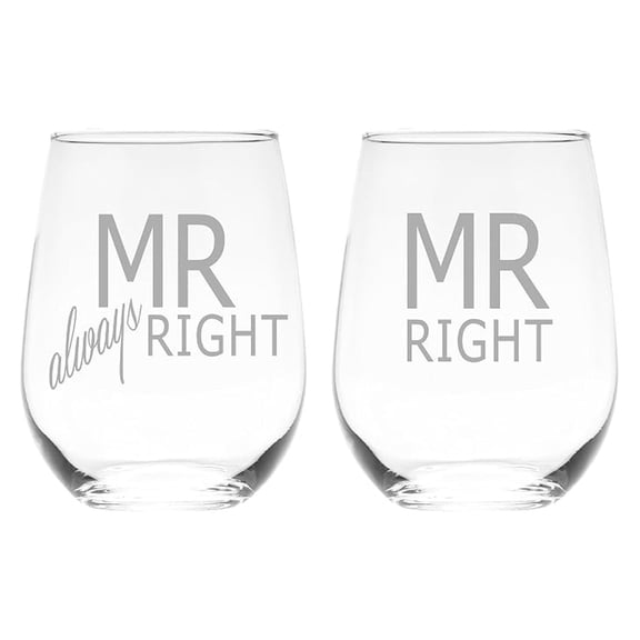 Mr Always Right and Mr Right Stemless Wine Glass Set, 2 Pieces | Stemless, Wedding , Anniversary, Couple Gift for Men