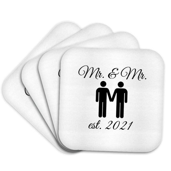 3drose, Mr. and Mr. with Two Men Est 2021 on White Background., Set of 4 Coasters - Soft