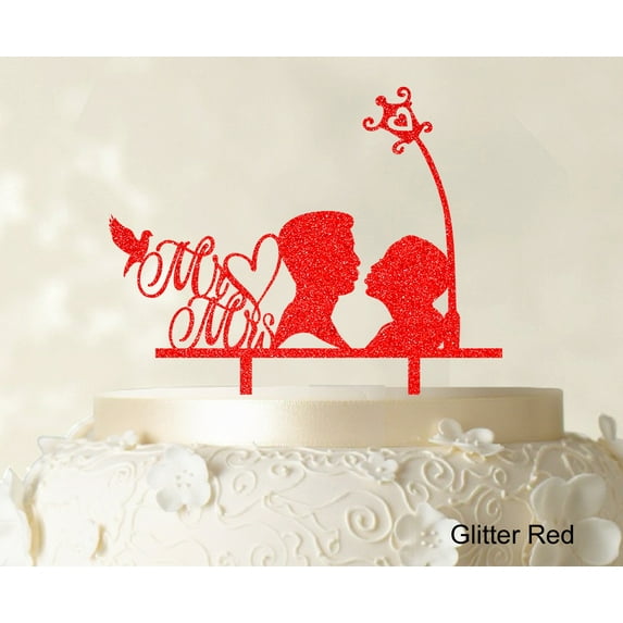"""Mr And Mrs"" Couple Cake Topper With Bird And Heart Cake Toppers Cake Decorations Color Option Available 6""-7"" Inches Wide"
