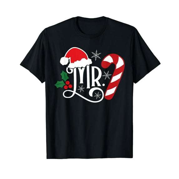 Mr And Mrs Couple Candy Cane Santa Hat Christmas Matching T-Shirt