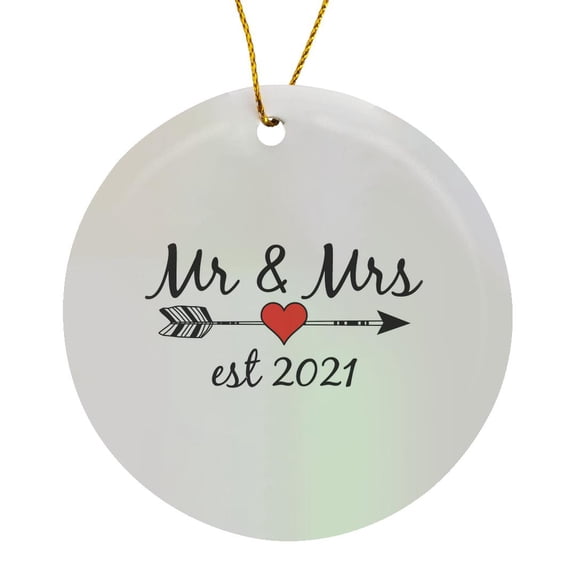 3drose, Mr and Mrs Est 2021 Black Lettering and Arrow with Red Heart on White., Circle Porcelain Ornament