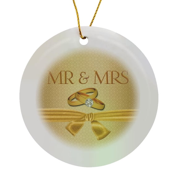 3drose, Mr and Mrs in Gold Damask with Wedding Rings and Ribbon, Circle Porcelain Ornament