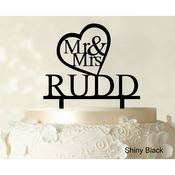 """Mr And Mrs"" Wedding Cake Topper Personalized Shiny Black Cake Topper Cake Decorations Color Option Available 5""-7"" Inches Wide"