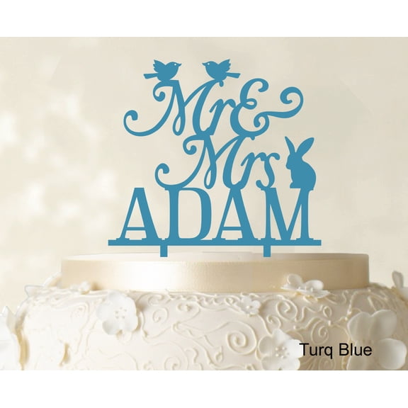 """Mr And Mrs"" Wedding Custom Cake Topper With Birds And Rabbit Elegant Color Option Available 6""-7"" Inches Wide"