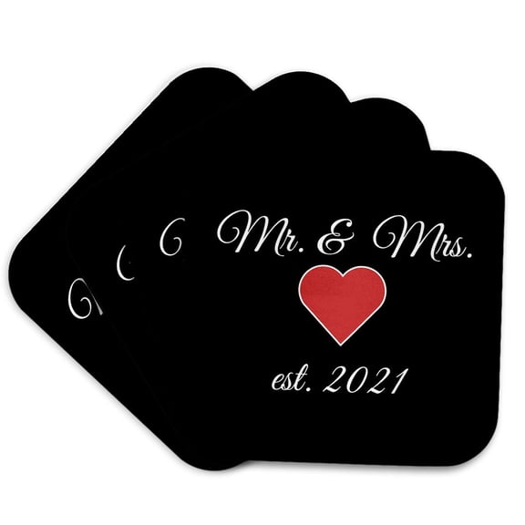 3drose, Mr. and Mrs. with Red Heart Est. 2021. White Lettering on Black., Set of 4 Coasters - Soft