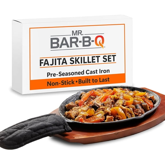 Mr. Bar-B-Q Cast Iron Fajita Skillets Set, Pre-Seasoned Non-Stick Sizzling Plate, Wooden Base w/Cloth Handle, Sizzler Steak Plate, Cast Iron Skillets for Diners, Bar, Restaurants, Caterings & Parties
