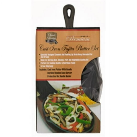 Mr. Barbeque 06108P Classic Prestige Cast Iron Ribbed Fajita Platter Set - 16inch Overall Dimensions- Grill Accessory
