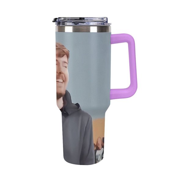 Mr Bea-st 40 Oz Car Cup Stainless Steel Tumbler with Handle, Lid, And Straw, Reusable Large Capacity Car Cup