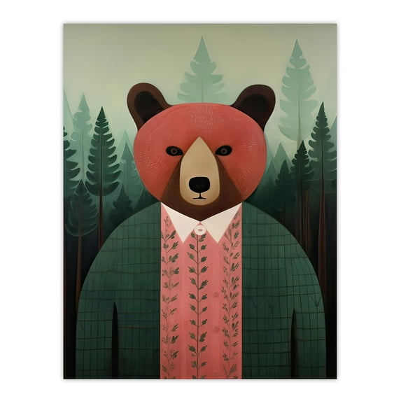 Mr Bear Portrait Oil Painting Pink Brown Green Misty Forest Landscape Kids Bedroom Unframed Wall Art Print Poster Home Decor Premium