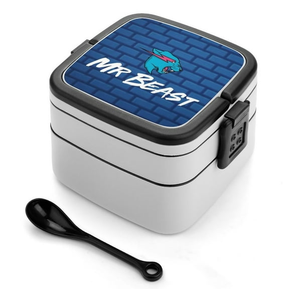 Mr-Beast LoGo Reusable Bento Boxes Lunch Box Double Layer Stackable Leakproof Lunch Container with Spoon and Carrying Handle for Work Camping Picnic Travel