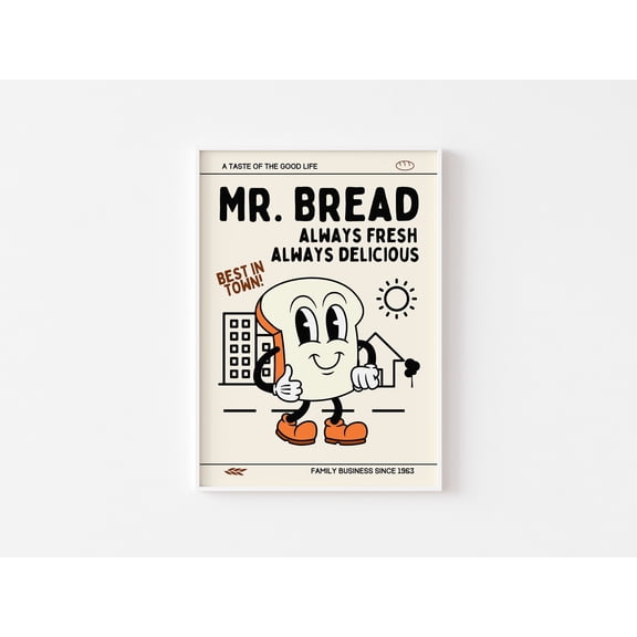 Mr. Bread Retro Cartoon Fun Kitchen Art Office Poster , Poster Print Only
