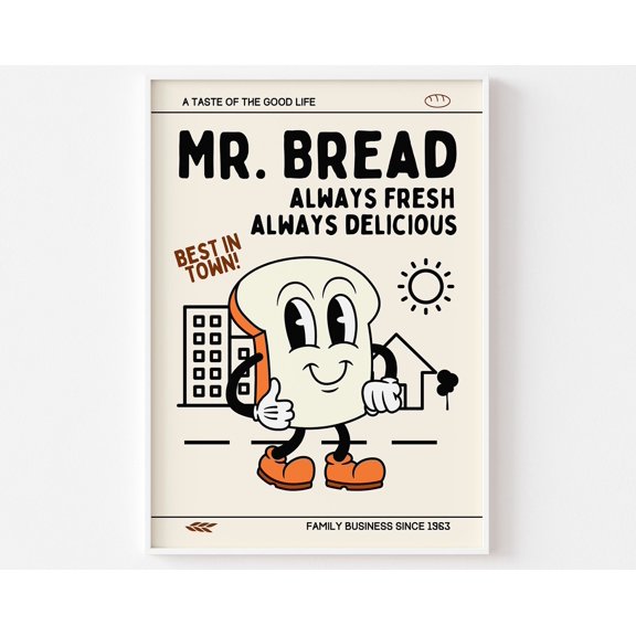 Mr Bread Retro Cartoon Print Fun Kitchen Art