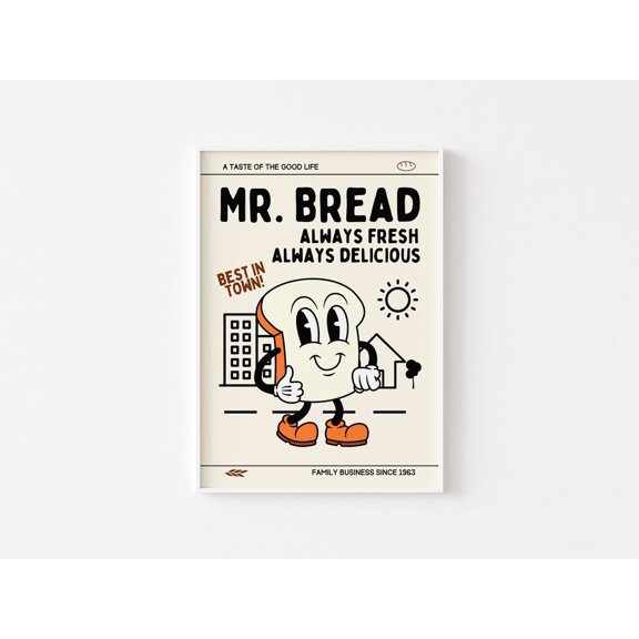 Mr. Bread Retro Cartoon Print, Unframed Paper Poster 8x10in