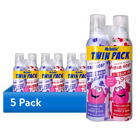 (5 pack) Mr. Bubble Foam Soap Twin Pack with Frosting & Nozzles, Rotating Sensory Colors & Scents, 16 oz