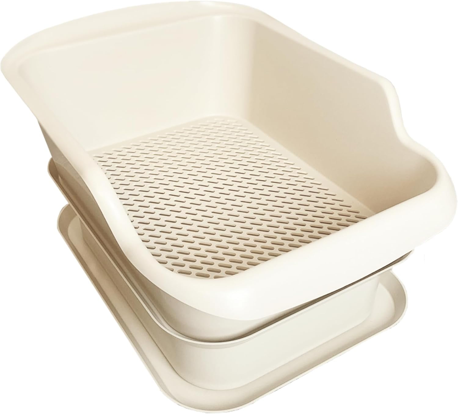 Beige Plastic Cat Sifting Litter Box with Waste Tray