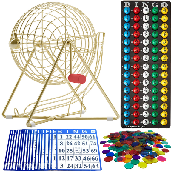 Mr. Chips 11-Inch Tall Professional Bingo Set with Steel Cage, Balls, Cards, and Chips - Luxury Gold