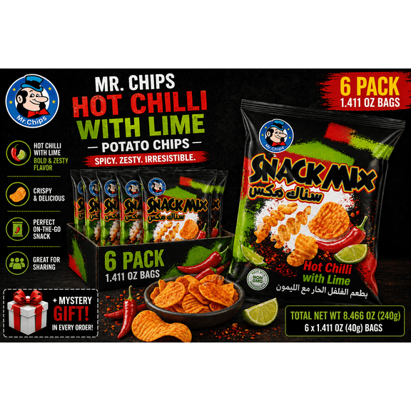 Mr. Chips Hot Chilli with Lime Potato Chips, 1.411 oz Bags (Pack of 6) | Spicy Chili Lime Crispy Chips | Imported Individual Snack Size Bags | Crunchy Potato Chips | Bundled by SUPERDEALS with M