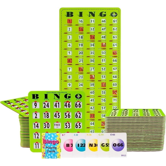 Mr. Chips Jam-Proof Bingo Cards with Sliding Windows - 50 Reusable Shutter Cards, 75 Calling Cards, 1 Master Board - Green